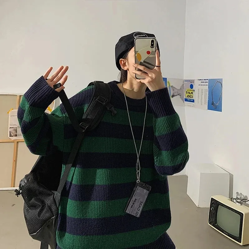 Aidase Striped Knitted Sweater Men Women Vintage Tate Langdon Loose Sweaters Harajuku Green Warm Autumn Jumper Pullover Unisex Casual