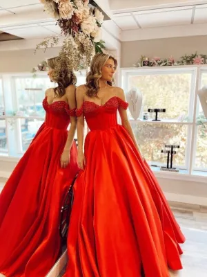 Chic A-line Off-the-shoulder Beaded Long Prom Dress Red Satin Elegant Evening Dress #JKSS57