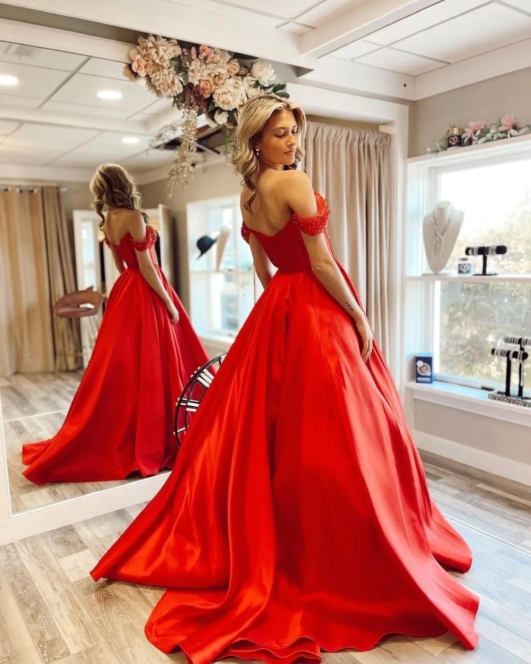 Chic A-line Off-the-shoulder Beaded Long Prom Dress Red Satin Elegant Evening Dress #JKSS57