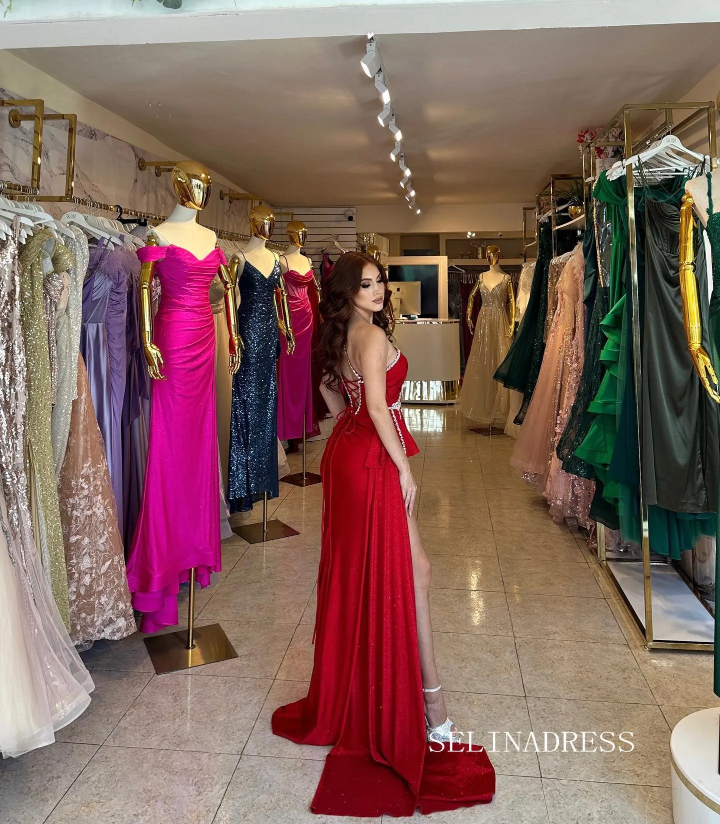 Chic Sheath/Column One Shoulder Red Long Prom Dresses Elegant Glitter Evening Dress sew03350