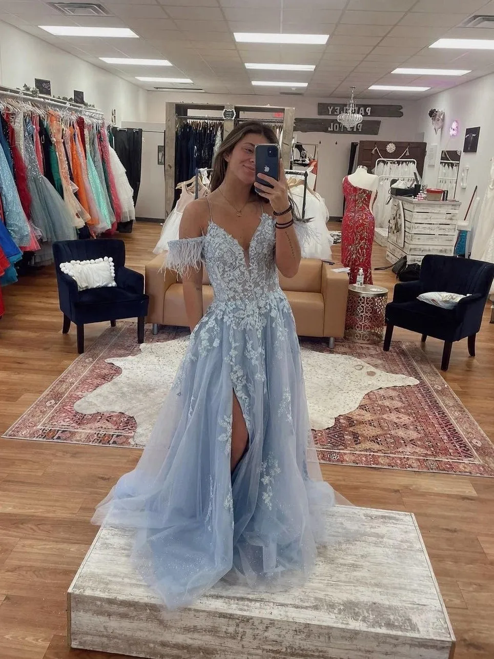 Chic Spaghetti Straps Lace Beaded Long Prom Dress Feather Blue Elegant Evening Dress #JKSS61