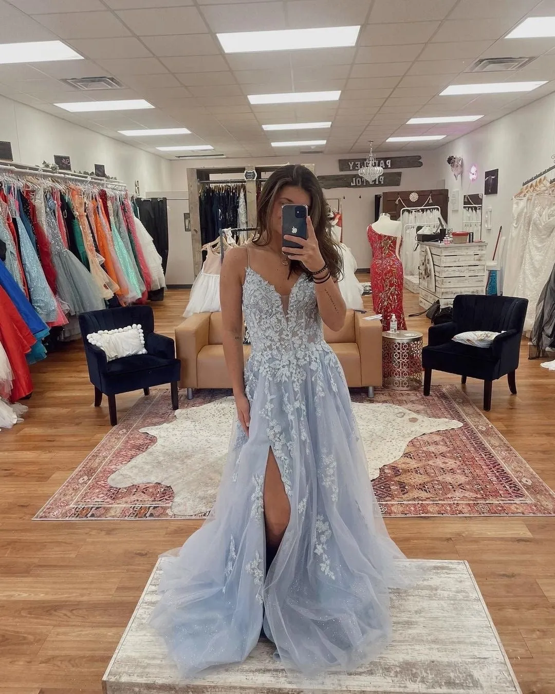 Chic Spaghetti Straps Lace Beaded Long Prom Dress Feather Blue Elegant Evening Dress #JKSS61