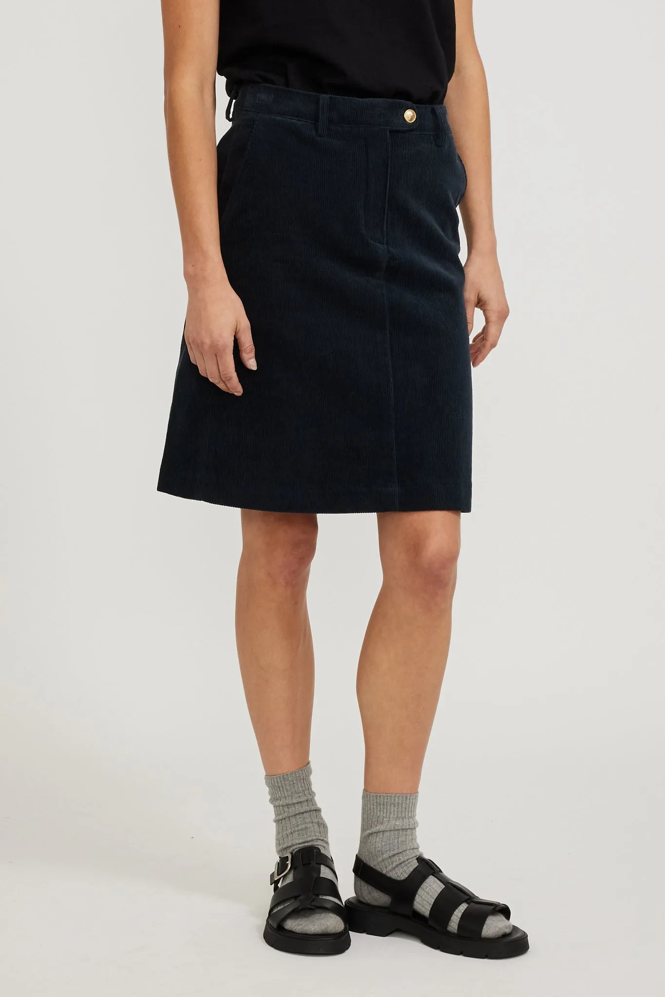 Corduroy A-Line Button Point Skirt Navy