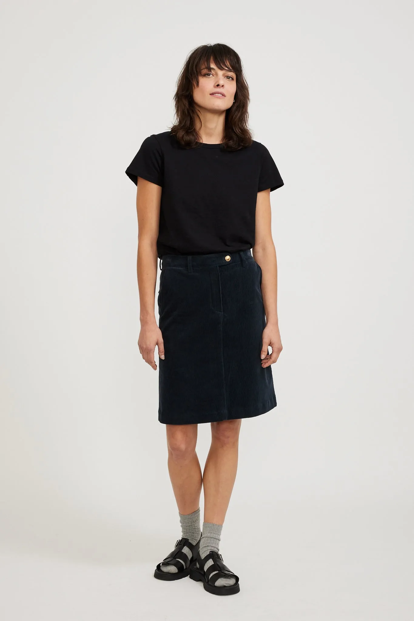 Corduroy A-Line Button Point Skirt Navy