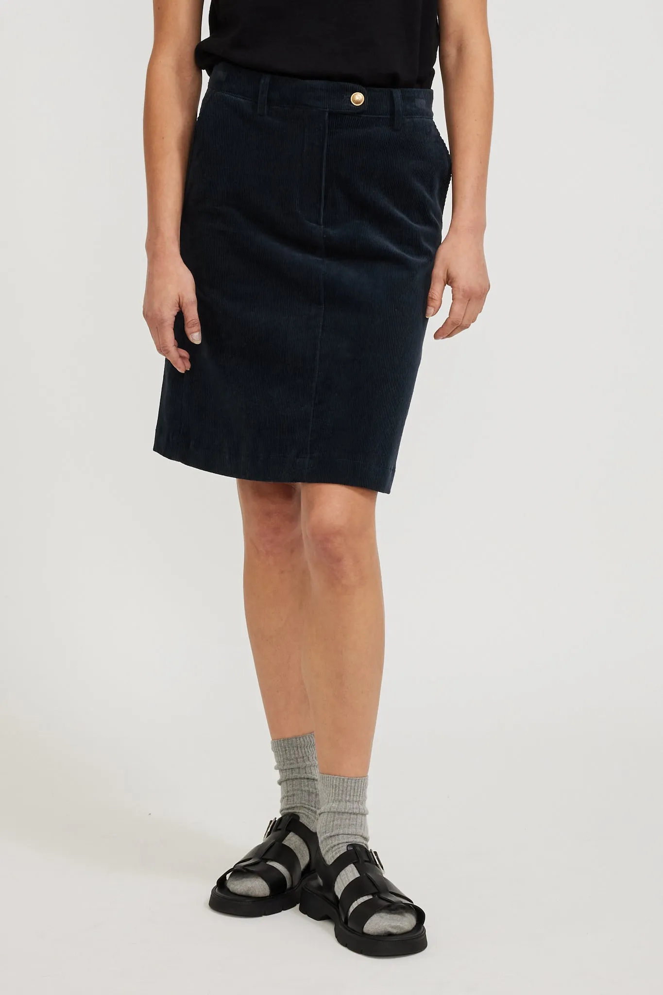 Corduroy A-Line Button Point Skirt Navy