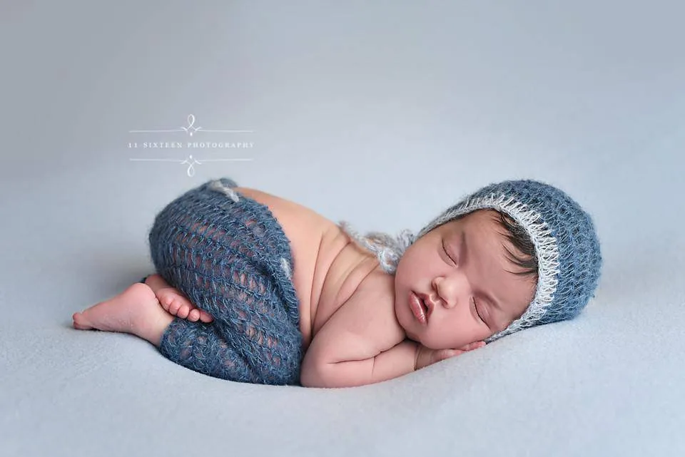 Denim and Baby Blue Two Toned Mohair Newborn Pants and Hat Set