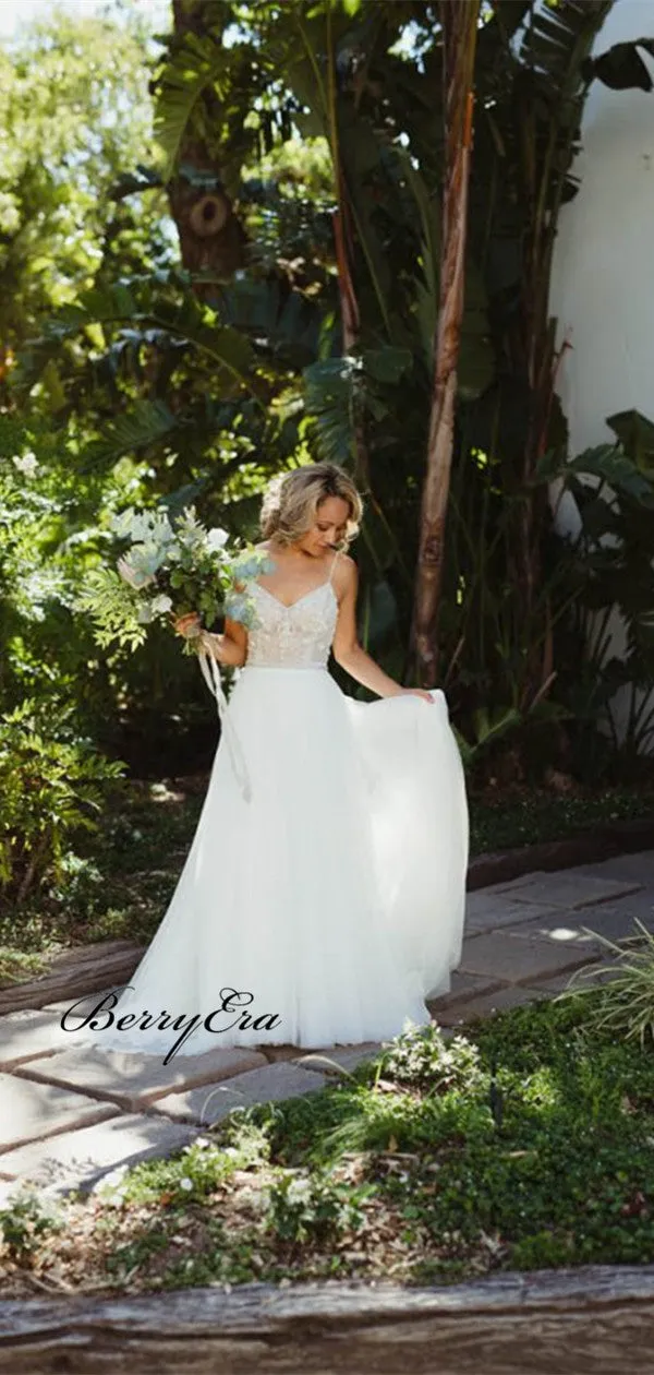 Elegant A-line Lace Tulle Wedding Dresses, Strap Wedding Party Dresses