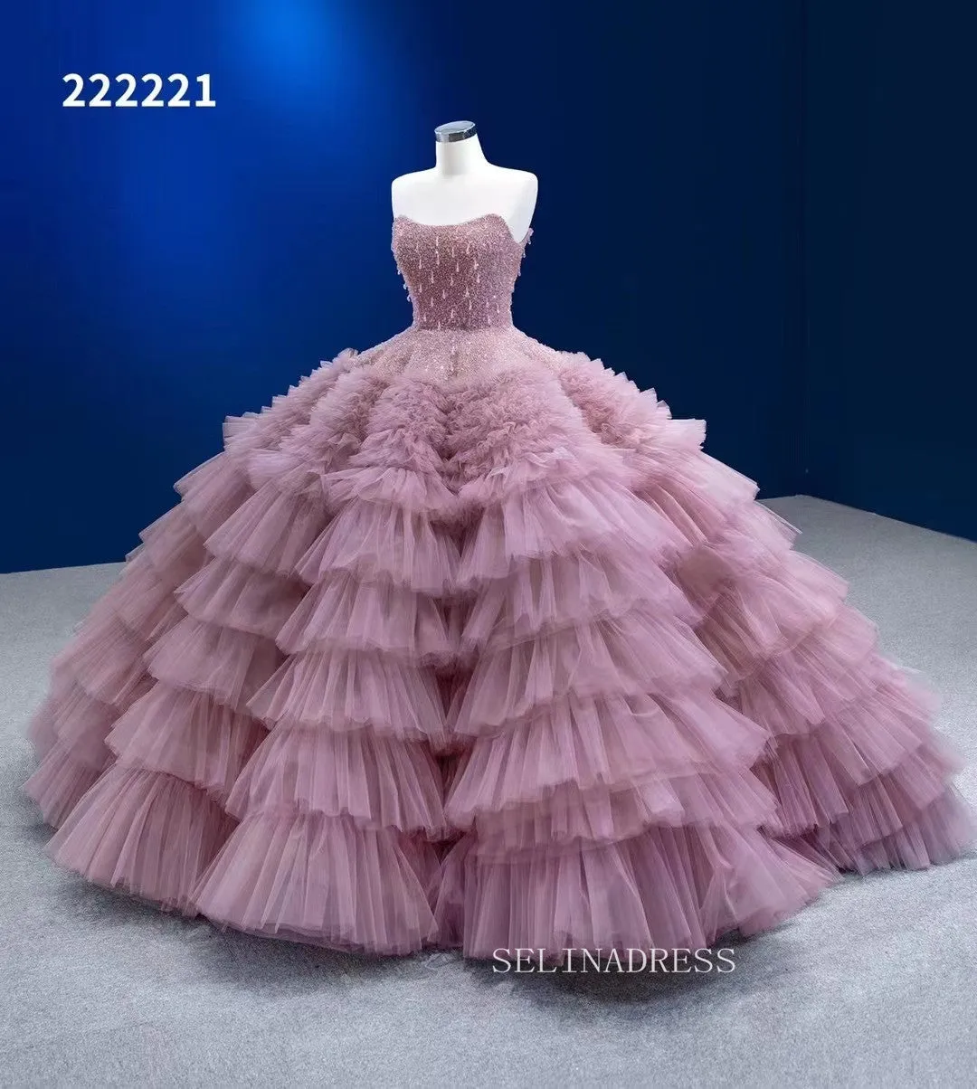 Elegant Beaded Ball Gowns Dusty Rose Layered Quinceanera Dresses Ruffle Wedding Dresses 222221