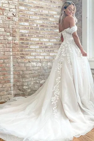 Elegant Off The Shoulder Tulle Wedding Dress With Lace Appliques