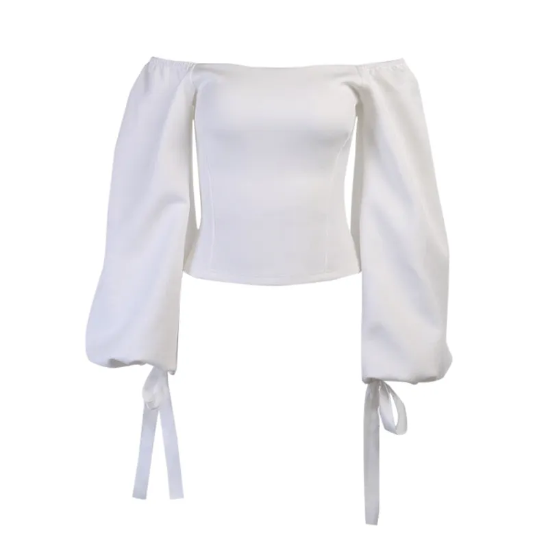 Elegant T Shirt Slash Neck Lantern Sleeve Bandage Solid White Tops Autumn Casual Slim Office Top