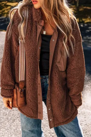 Fuzzy Snap Down Dropped Shoulder Jacket