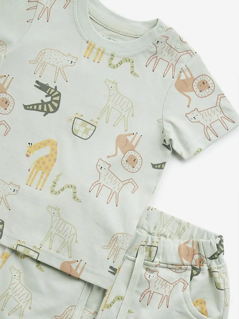 HOP Baby Sage Animal Pattern Cotton T-Shirt with Shorts Set