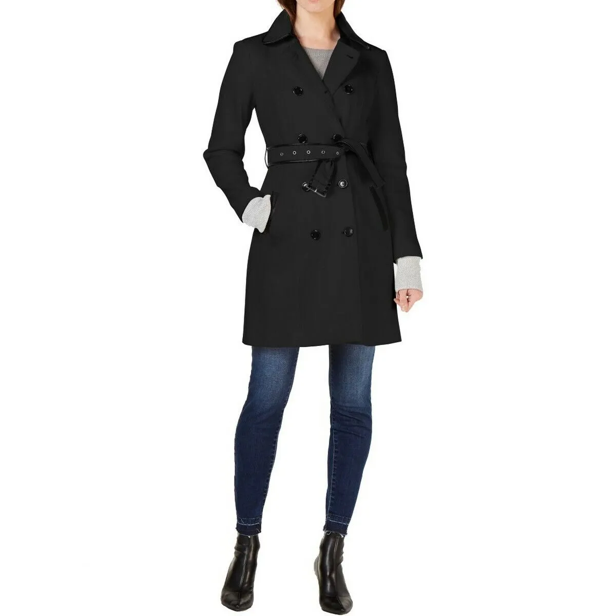 I.N.C. Faux-Leather Trim Military Ponte-Knit Coat