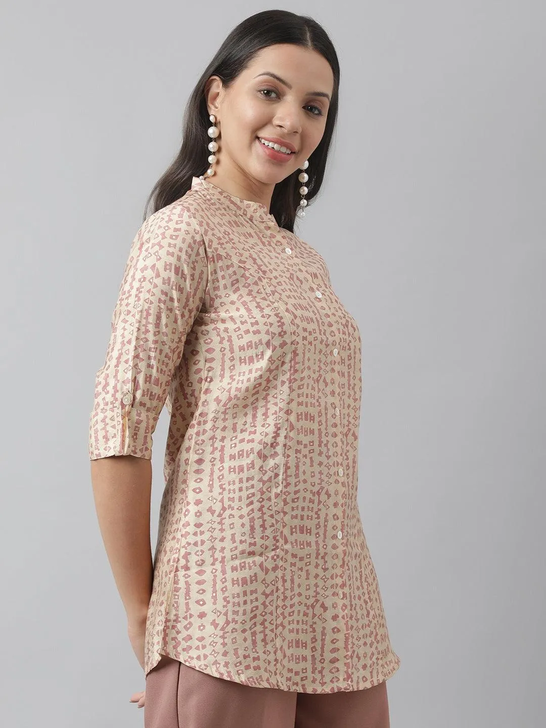 Jashvi Beige Floral Printed Muslin A-line Shirt Style Top