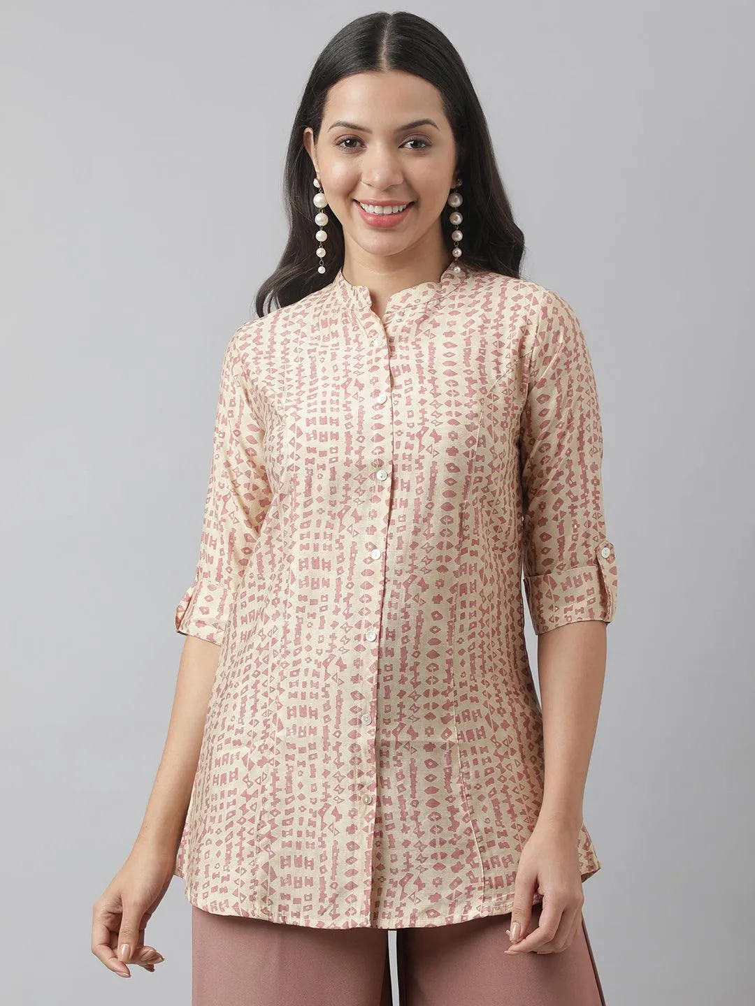 Jashvi Beige Floral Printed Muslin A-line Shirt Style Top