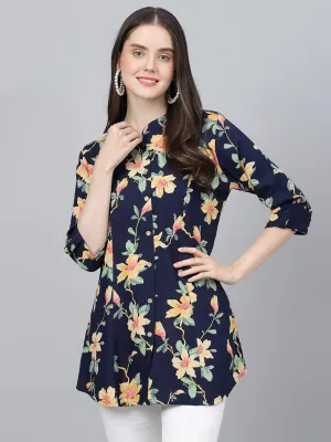 Jashvi Navy Blue Floral printed Rayon A-line Shirts Style Top