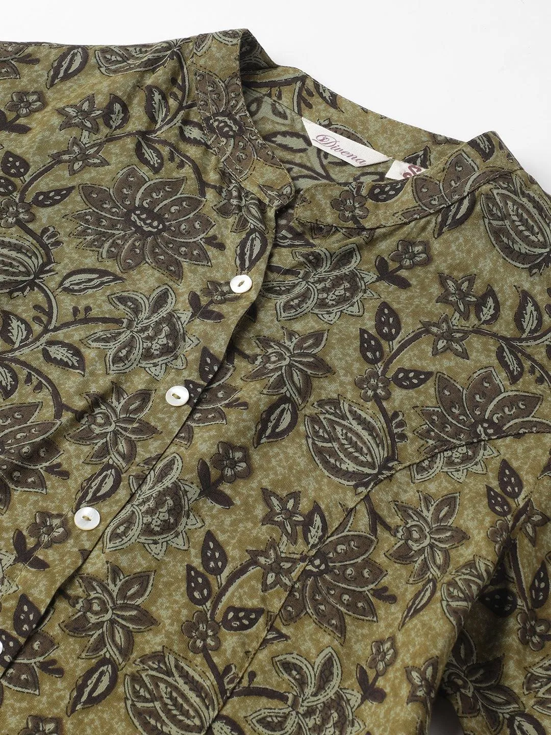 Jashvi Olive Green Floral Printed Rayon A-line Shirt Style Top