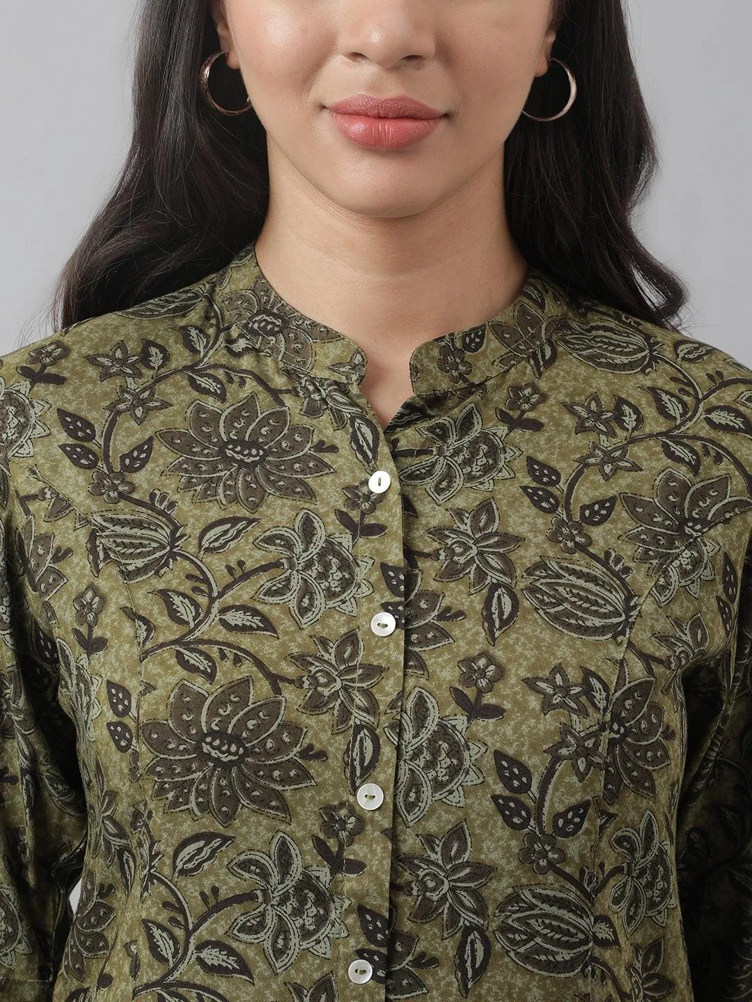 Jashvi Olive Green Floral Printed Rayon A-line Shirt Style Top