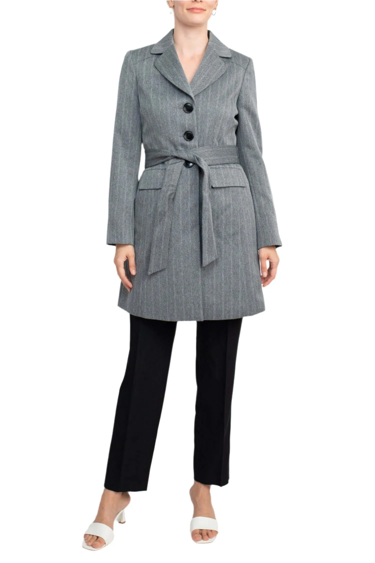 Le Suit Notched Collar 3 Button Tie Waist Flap Pockets Jacket with Button Hook Zipper Closure Pockets Crepe Pants Suit (Two Piece Set)