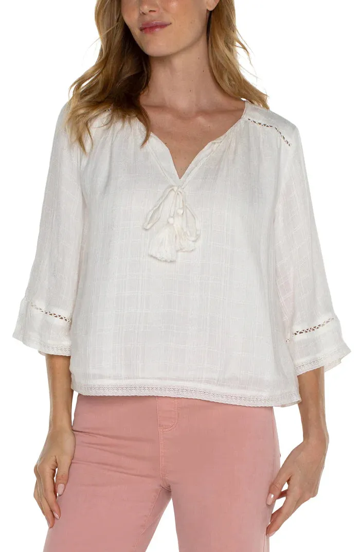 Liverpool Shirred Woven Tie Front Top with Trim | Off White