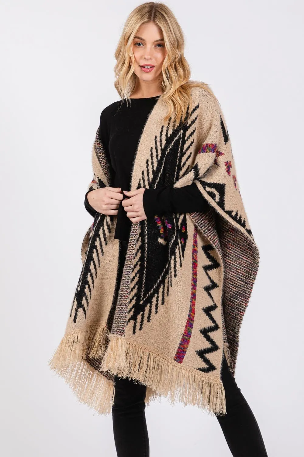 MS0410 Aztec Pattern Tassel Knit Ruana