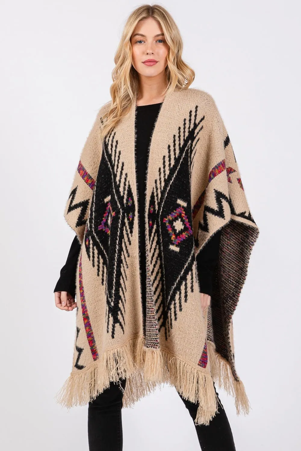 MS0410 Aztec Pattern Tassel Knit Ruana