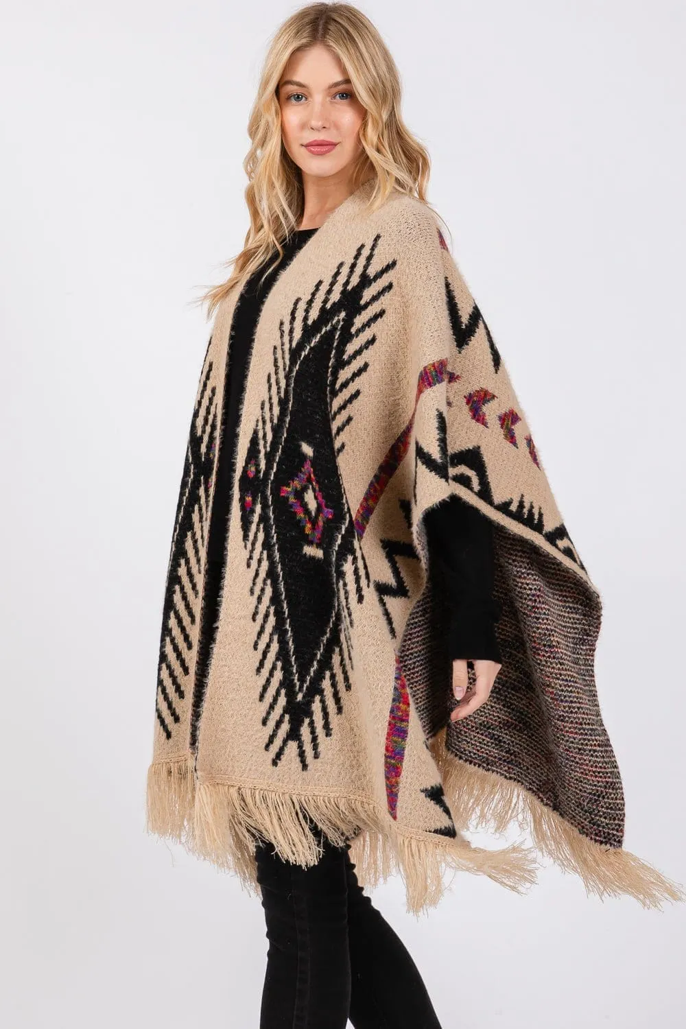 MS0410 Aztec Pattern Tassel Knit Ruana