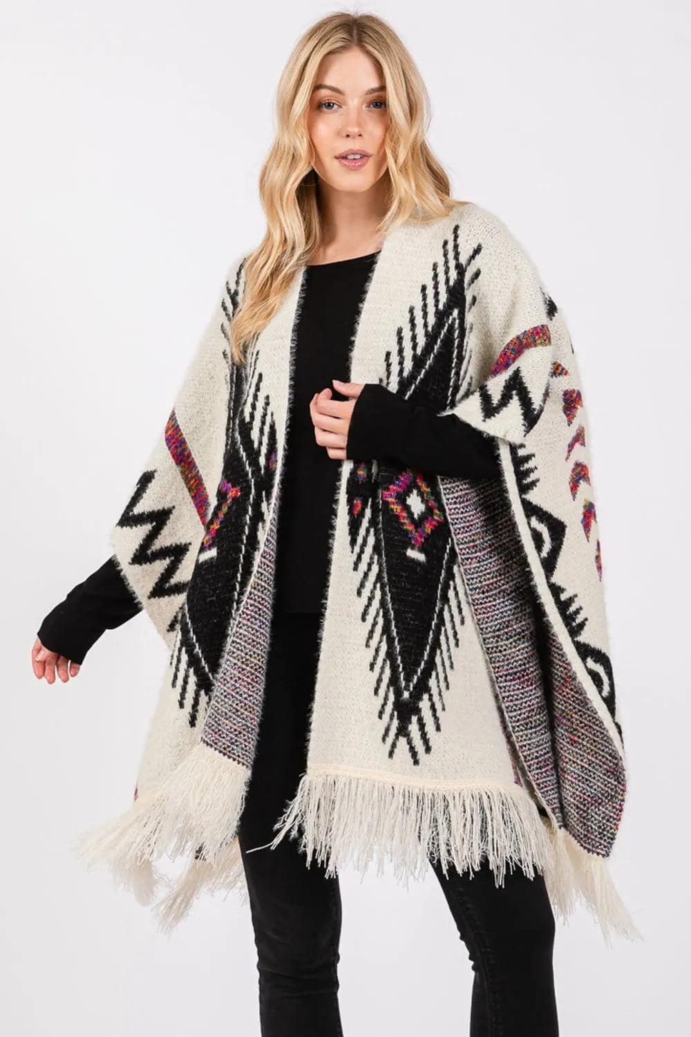 MS0410 Aztec Pattern Tassel Knit Ruana