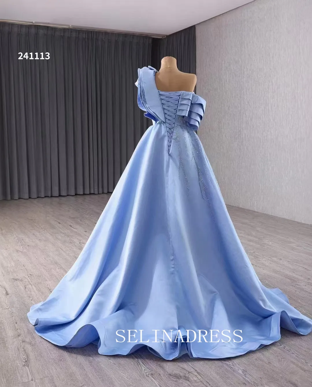 One Shoulder Blue Beaded Wedding Dresses Elegant Satin Prom Dress with Slit 241113