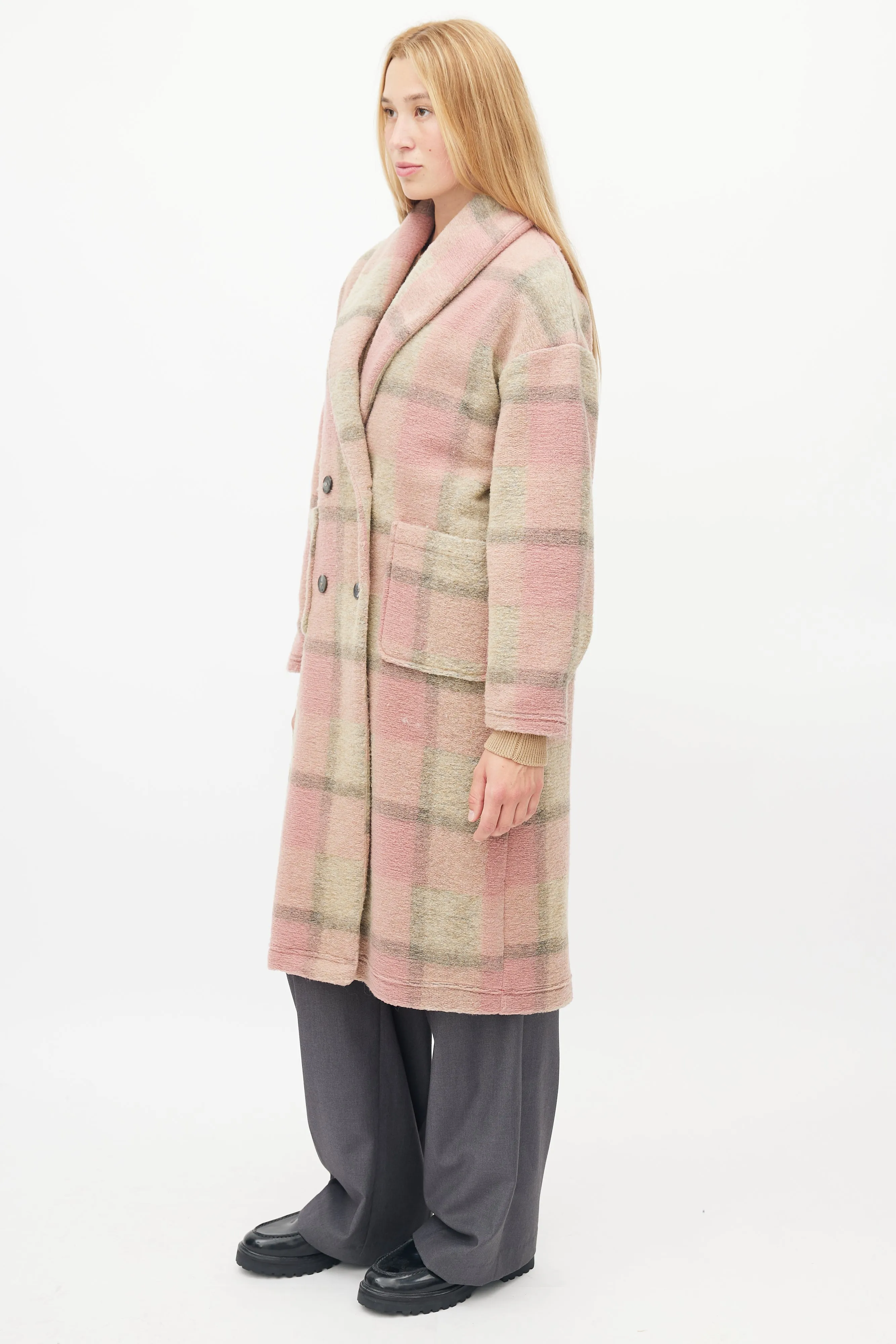 Pink & Brown Plaid Shawl Coat