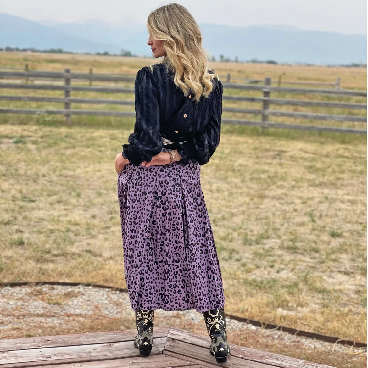 SAMPLE - Smocked Waist MIDI Skirt - Purple Cheetah