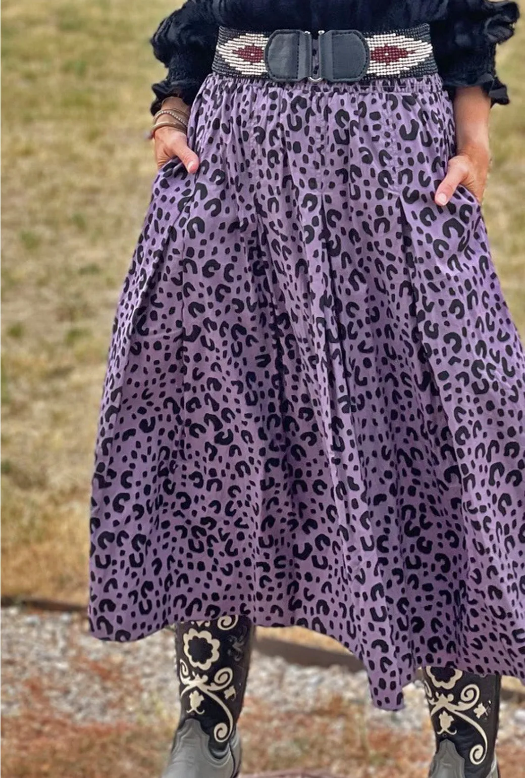 SAMPLE - Smocked Waist MIDI Skirt - Purple Cheetah