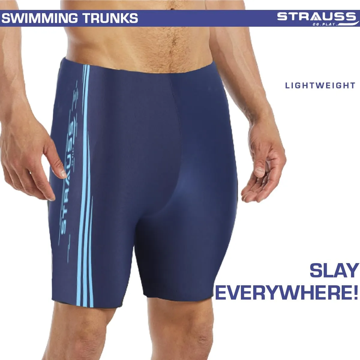 STRAUSS Swimming Shorts | Swimming Trunks for Men | Can Be Used for Gym, Running, Cycling, Swimming, Basketball, Cricket, Yoga, Football, Tennis, Badminton & More | Size: S, (Blue Lines)