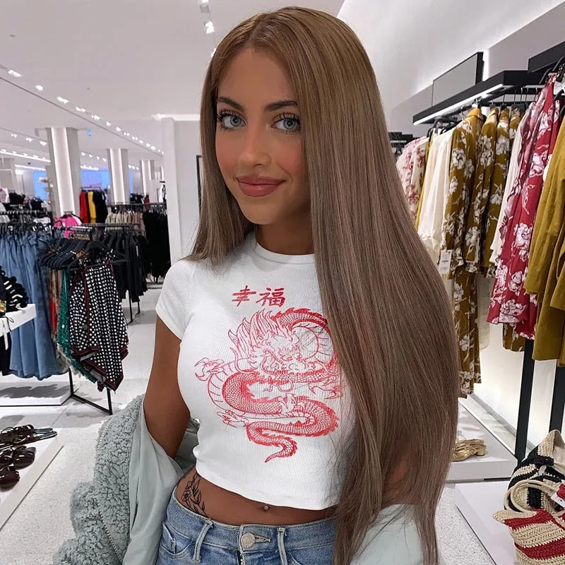 Summer Short Sleeve Printed T-Shirts Women Streetwear Casual White Tshirt Cute Cropped Streetwear T-Shirt Femme