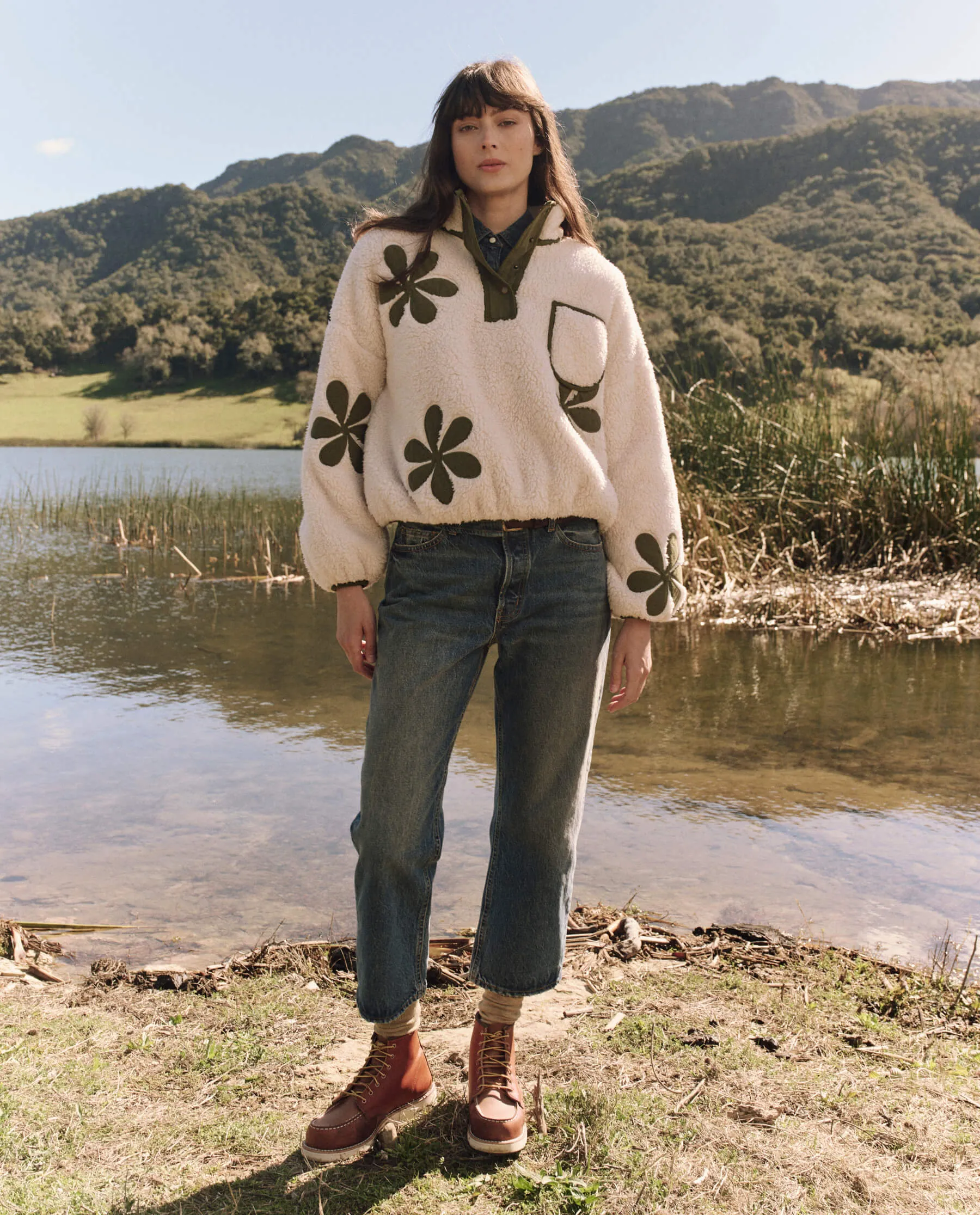 The Patch Pocket Countryside Pullover with Daisy Applique. -- Cream with Army