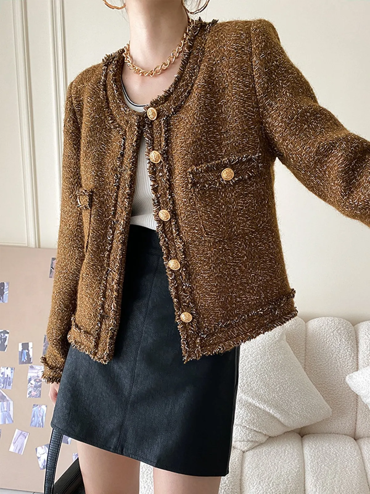 Tweed Burr Collarless Wool Coat