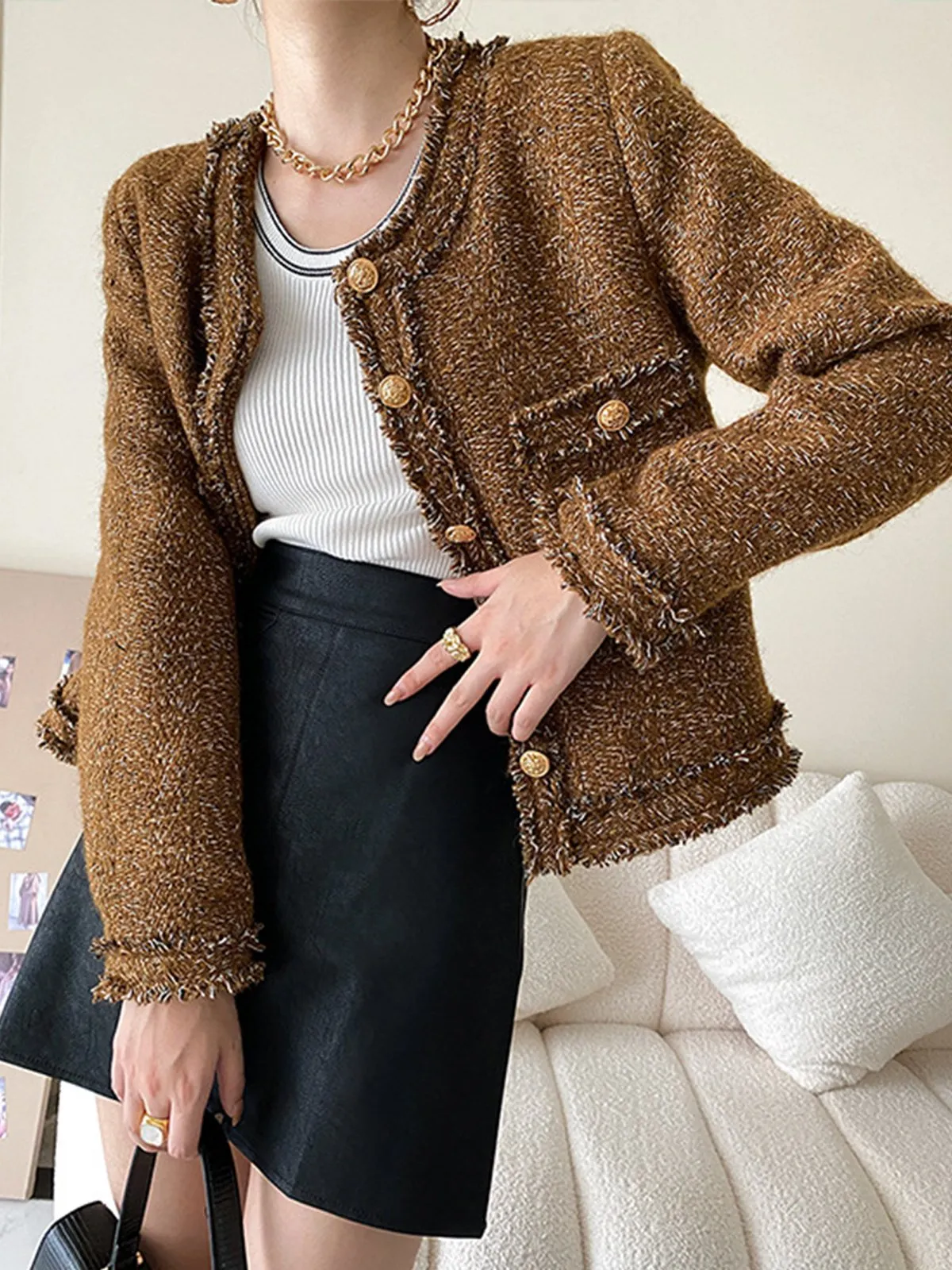 Tweed Burr Collarless Wool Coat