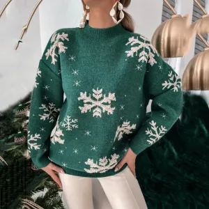 Wenkouban-Christmas Thanksgiving outfits_Snowflake Print Warm Thicken Casual Loose Oversized Full Sleeve Christmas Sweater