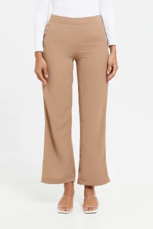 Women Beige High Waist Straight Pants